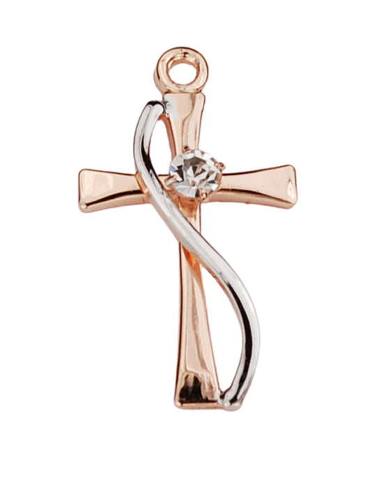 Cruz en oro rosa sobre plata de ley con piedra de cristal y cadena chapada en rodio de 18"