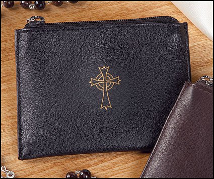 Black Leather Stamped Cross Rosary Case