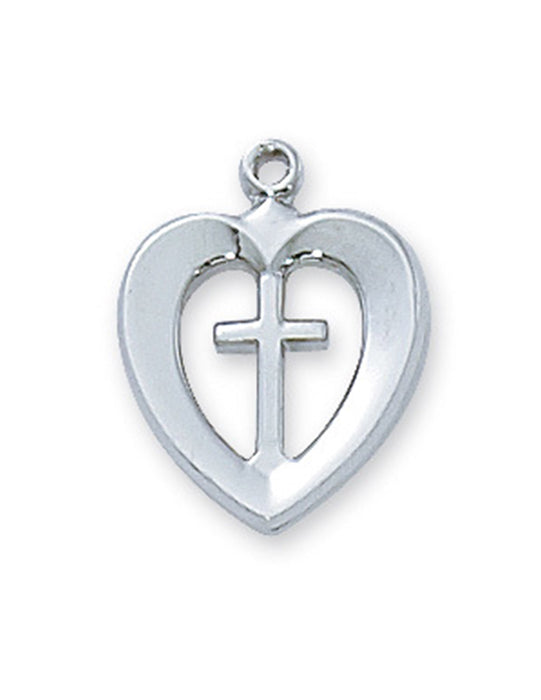 Heart with Cross in Sterling Silver and 18" Rhodium Plated Chain