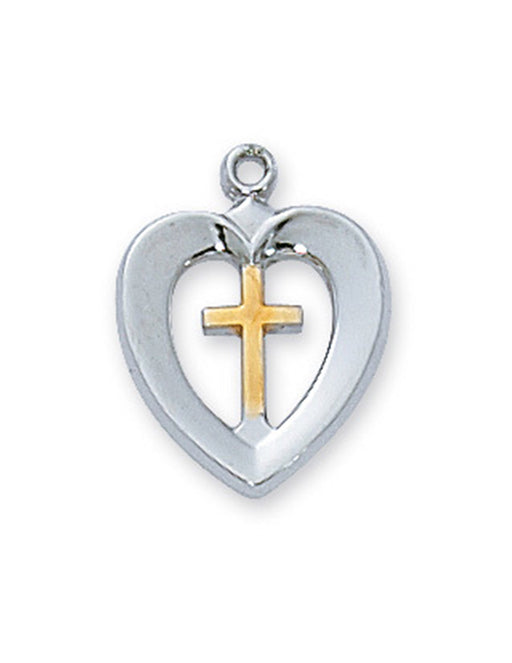 Two Tone Heart with Cross in Sterling Silver and 18" Rhodium Plated Chain