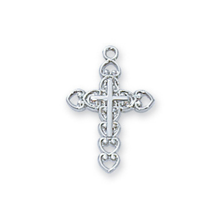 Sterling Silver Chain Hearts with Cross center in 16" Rhodium Plated Chain