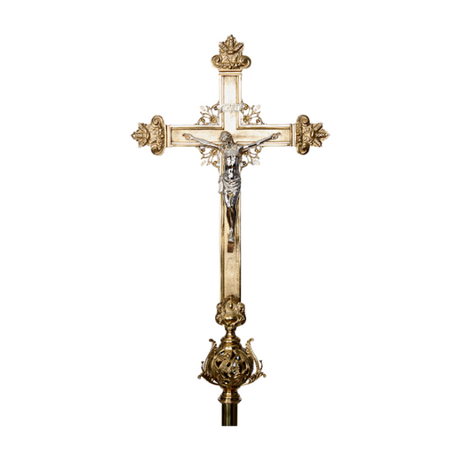 Large Cathedral Size Brass Processional Cross Very Large Cathedral Size Processional Cross set atop a 50" brass pole