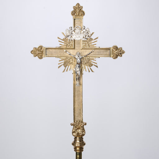 Large Cathedral Size Processional Cross Processional cross- with rays silver plated corpus and INRI Very Large Cathedral Size Processional Cross set on a 50" brass pole