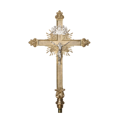 Large Cathedral Size Processional Cross Processional cross- with rays silver plated corpus and INRI Very Large Cathedral Size Processional Cross set on a 50" brass pole