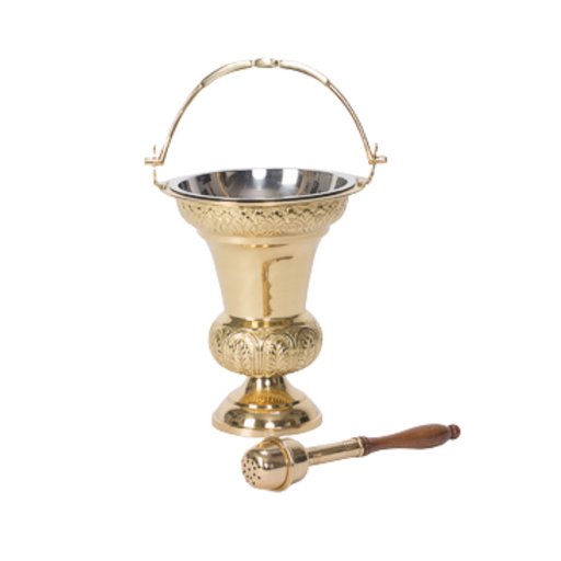 Large Traditional Style Holy Water Bucket and Sprinkler Polished Brass and Lacquered Holy Water Bucket w/ Sprinkler Set