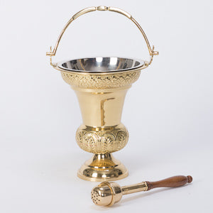 Large Traditional Style Holy Water Bucket and Sprinkler Polished Brass and Lacquered Holy Water Bucket w/ Sprinkler Set