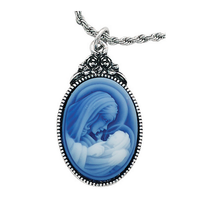 Madonna and Child Cameo Pendant 18" Rope Chain Necklace