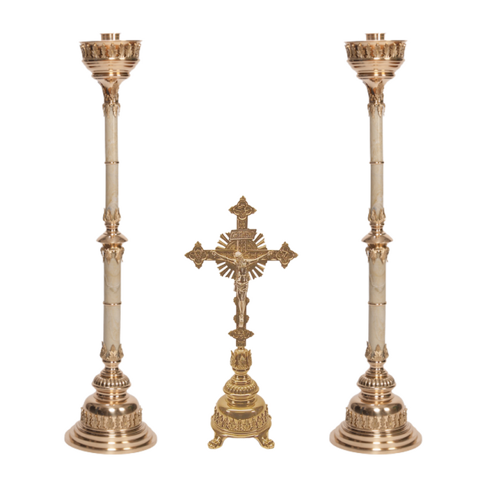 Traditional Solid Brass Crucifix and Candlesticks Altar Set Altar Crucifix Crucifix Crucifix Symbolism Catholic Crucifix items Altar Candlestick altar candle holders catholic altar set up for catholic mass altar set