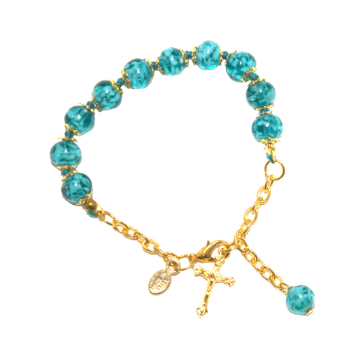 Marine Blue Genuine Murano Gold Tone Rosary Bracelet with Handknotted Crucifix and Genuine Sommerso Beads