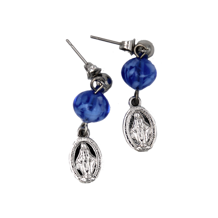 Miraculous Medal Earrings with Genuine Blue Murano Beads