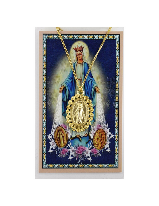Miraculous Medal Gold Tone Medal with 24" Gold Tone Chain and Prayer Card Set Prayer Cards Prayer Card Set