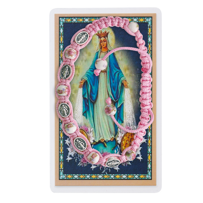 Miraculous Medal Pink Corded Bracelet w/ Laminated Holy Card Prayer Cards Prayer Card Set