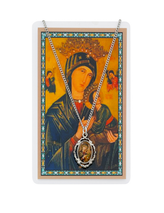 Our Lady of Perpetual Help Medal with 18" Chain and Laminated Holy Card Set