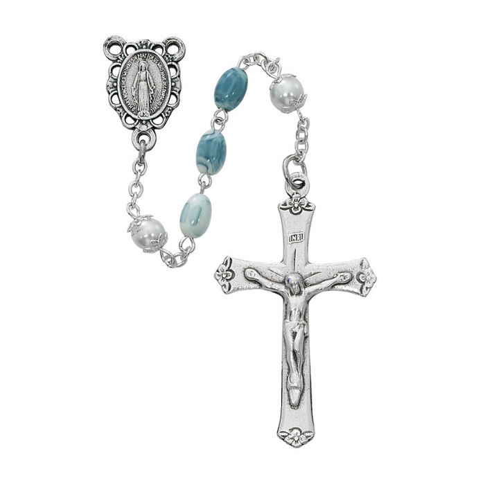 Oval Glass Blue Swirl Miraculous Medal Rosary