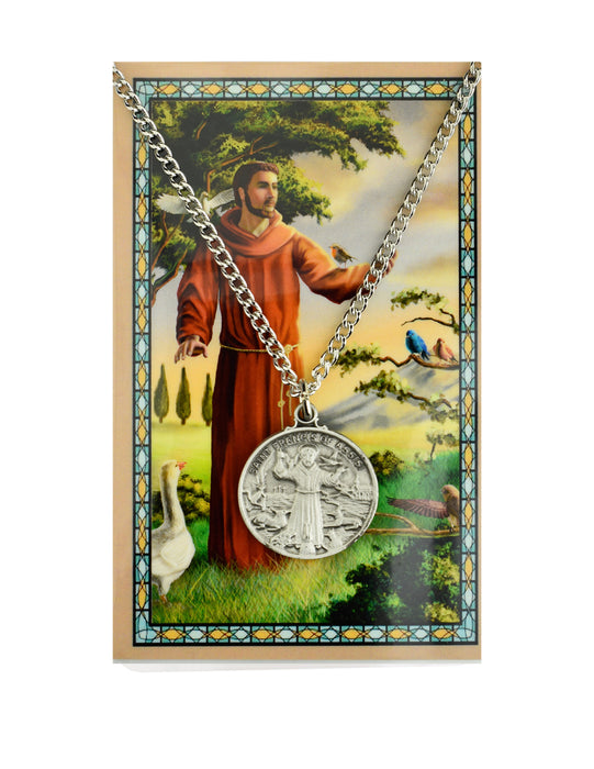 Laminated Holy Card St. Francis of Assisi with Medal and 24" Silver-Tone Pewter Chain