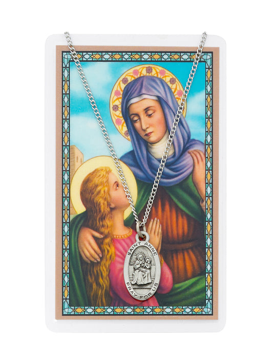 Laminated Holy Card St. Anne with Medal and 18" Silver-Tone Pewter Chain