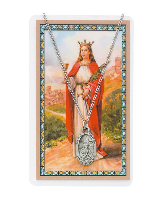 Laminated Holy Card Saint Barbara w/ 18" Medal Silver-Tone Pewter Chain