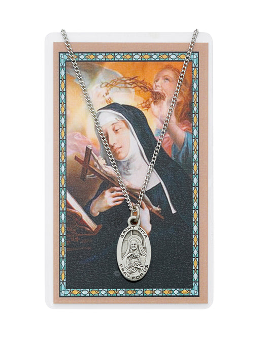 Laminated Holy Card St. Rita with Medal and 18" Silver-Tone Pewter Chain