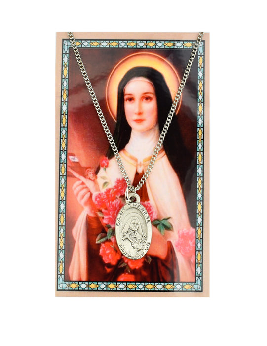 Laminated Holy Card St. Therese with 18" Medal Silver-Tone Pewter Chain