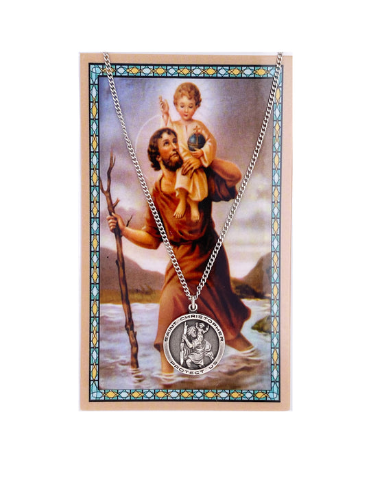 Laminated Holy Card St. Christopher with 24" Medal Silver-Tone Pewter Chain
