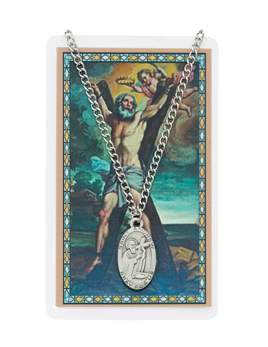 Laminated Holy Card St. Andrew with Medal and 24" Silver-Tone Pewter Chain