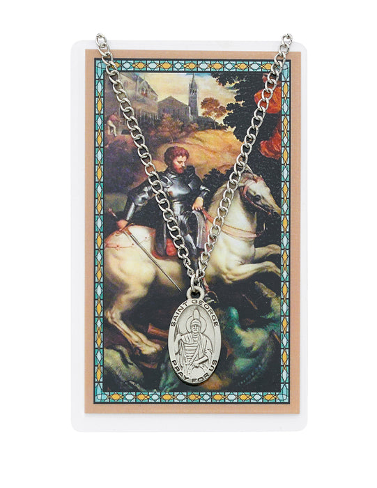 Laminated Holy Card Saint George w/ 24" Medal Silver-Tone Pewter Chain