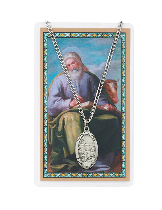 Laminated Holy Card St. Luke with 24" Medal Silver-Tone Pewter Chain