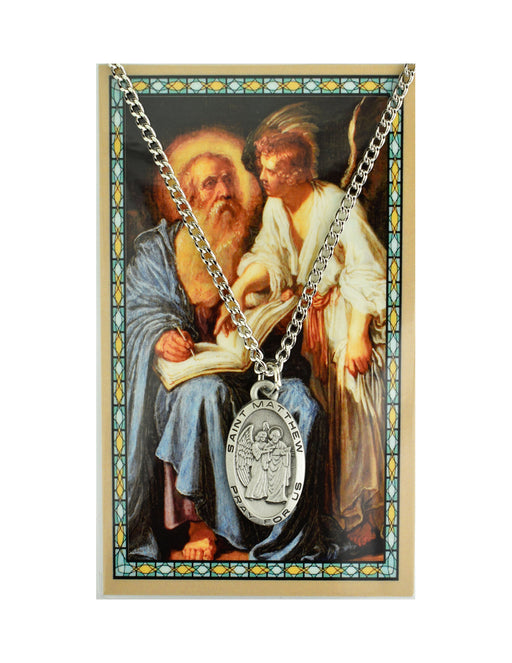 Laminated Holy Card St. Matthew with Medal and 24" Silver-Tone Pewter Chain