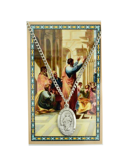 Laminated Holy Card Saint Paul w/ 24" Medal Silver-Tone Pewter Chain