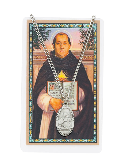 Laminated Holy Card St. Thomas Aquinas with Medal and 24" Silver-Tone Pewter Chain