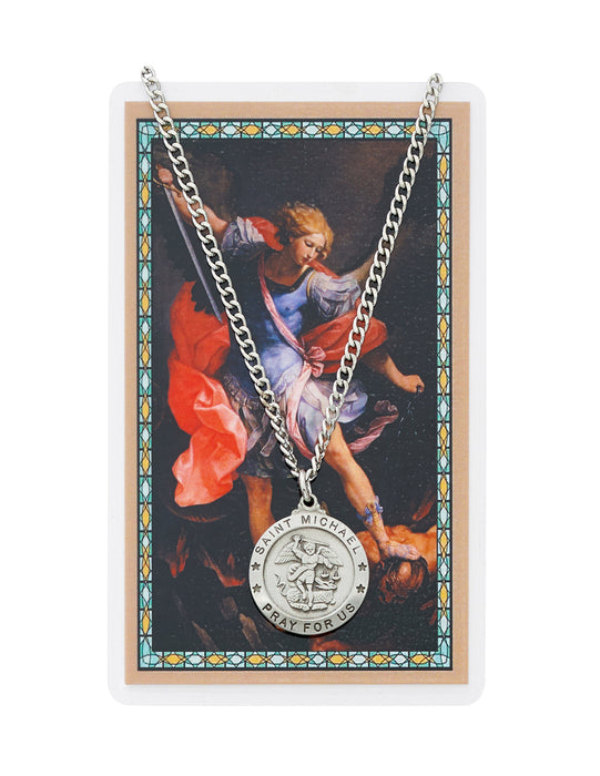 Laminated Holy Card Saint Michael and Medal w/ 24" Nickel Chain Military Protection St. Michael Armed Forces Protection Armed Forces Guidance