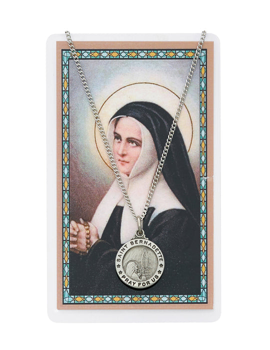 Tarjeta de oración de Santa Bernadette con medalla y cadena plateada de 18"