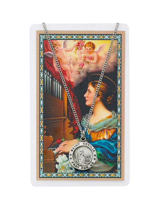 Laminated Holy Card St. Cecilia with Medal and 18" Silver-Tone Pewter Chain