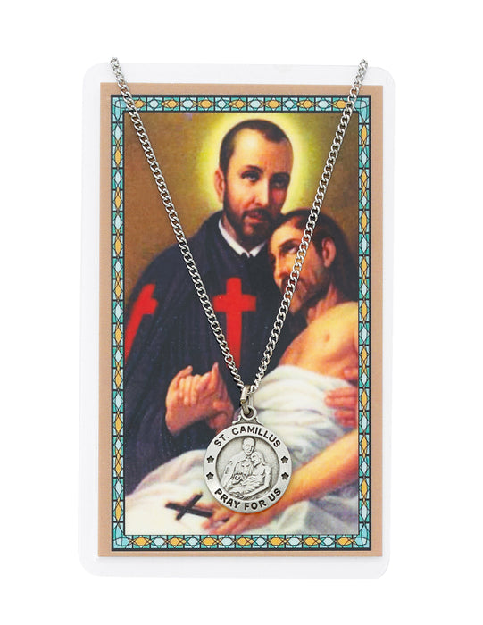 Laminated Holy Card St. Camillus and Pewter Medal with 24" Silver-Tone Chain