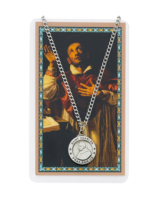 Laminated Holy Card Saint Charles and Pewter Medal w/ 24" Silver-Tone Chain