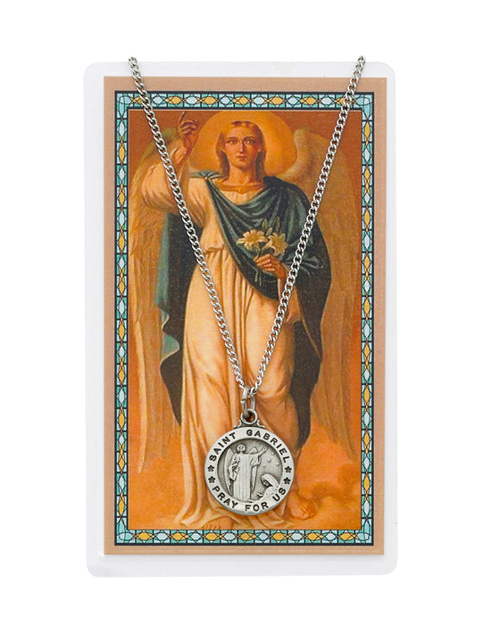 Laminated Holy Card St. Gabriel with 18" Medal Silver-Tone Pewter Chain