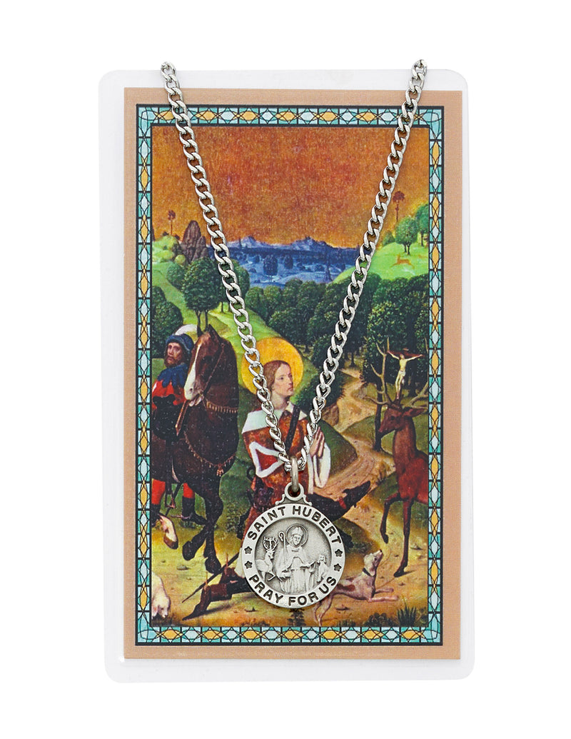 Laminated Holy Card St. Hubert with Medal and 24" Silver-Tone Pewter Chain