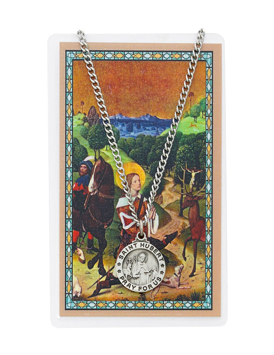 Laminated Holy Card St. Hubert with Medal and 24" Silver-Tone Pewter Chain