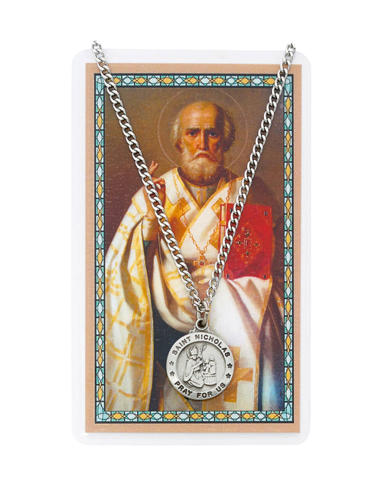 St. Nicholas Medal Necklace with 24" Silver tone Chain and a Laminated Prayer card a perfect collection or a gift to someone special for Christmas Birthday any occasion or celebration