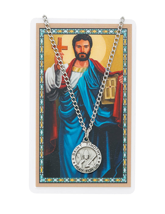 Laminated Holy Card St. Timothy with Medal and 24" Silver-Tone Pewter Chain