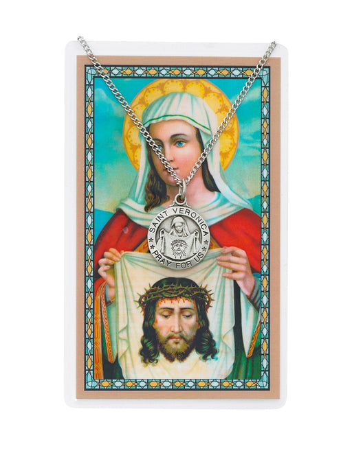 Laminated Holy Card St. Veronica with Medal and 18" Silver-Tone Pewter Chain