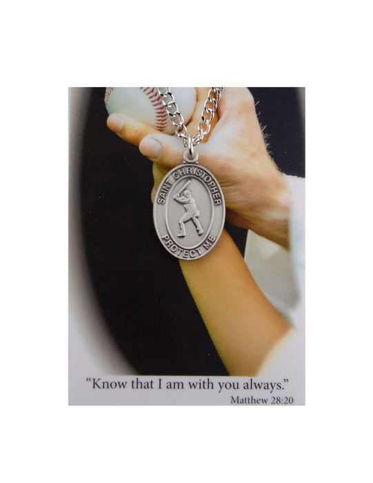 Laminated Holy Card Boys Baseball with St. Christopher Medal and 18" Silver-Tone Pewter Chain