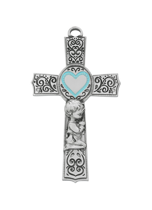 Pewter Filigree Boy Cross with Blue Enamel Heart Catholic Gifts Catholic Presents Gifts for all occasion
