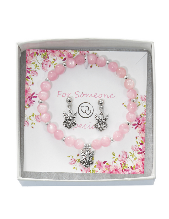Pink Cat's Eye Angel Communion Bracelet and Silver Earrings Set