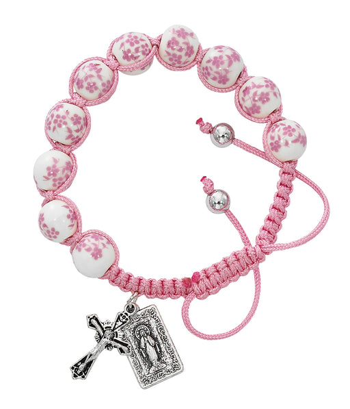 Pink Corded Flower Ceramic Beads Miraculous Medal Bracelet our lady of miraculous medal power of the miraculous medal miraculous medal protection 