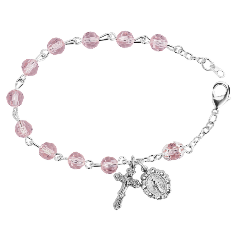 Pink Crystal Miraculous Medal Rosary Bracelet