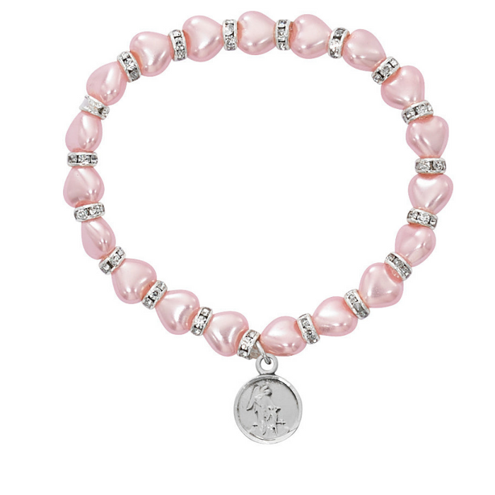 Pink Pearl Heart Baby Bracelet w/ Sterling Silver Guardian Angel Medal Catholic Gifts Catholic Presents Gifts for all occasion
