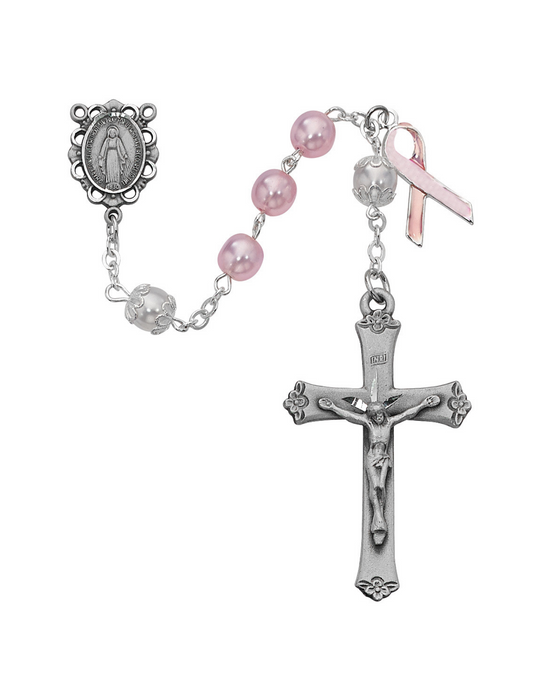 Pink Pearl Sterling Silver Miraculous Medal Cancer Rosary