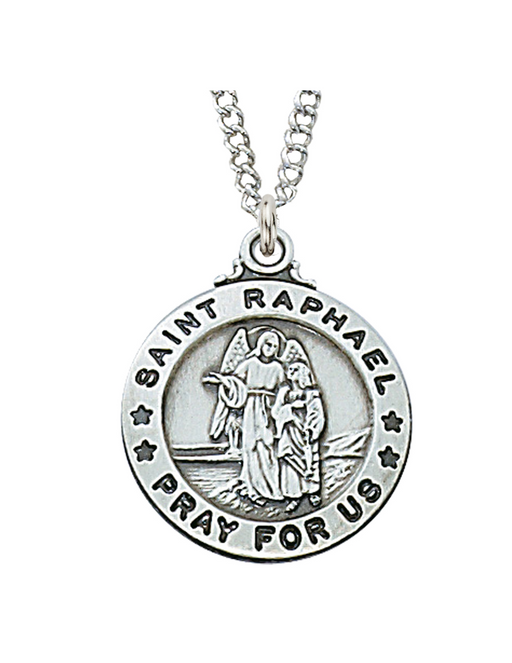 St. Raphael pewter medal St. Raphael necklace St. Raphael healer angel St. Raphael on silvertone chain St. Raphael image