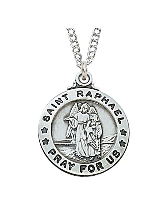 St. Raphael sterling silver medal St. Raphael necklace St. Raphael healer angel St. Raphael on rhodium chain St. Raphael image  St. Raphael medal